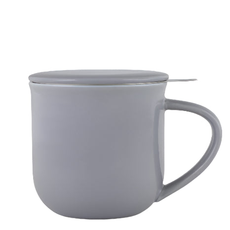Gray mug with a matching lid on a white background. The Spice & Tea Shoppe