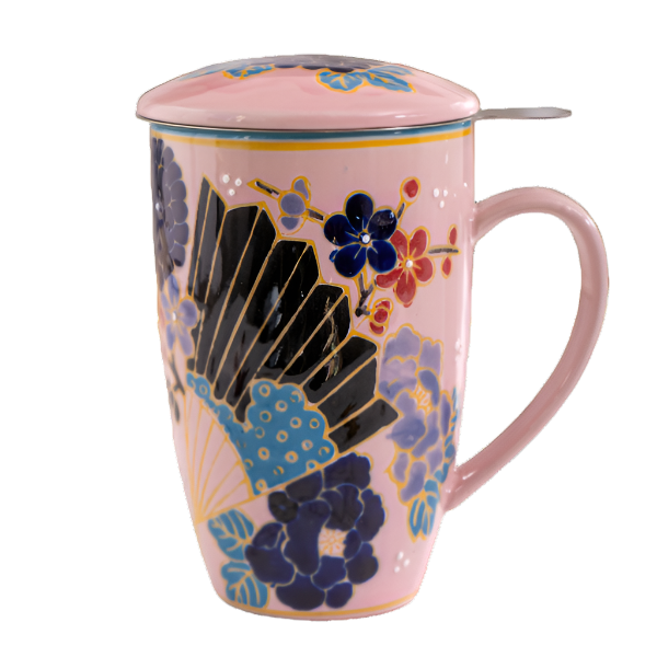 Decorative mug with floral patterns and a lid on a white background. The Spice & Tea Shoppe
