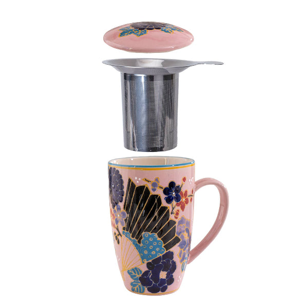 Decorative mug with floral pattern and detachable stainless steel infuser on a white background. The Spice & Tea Shoppe