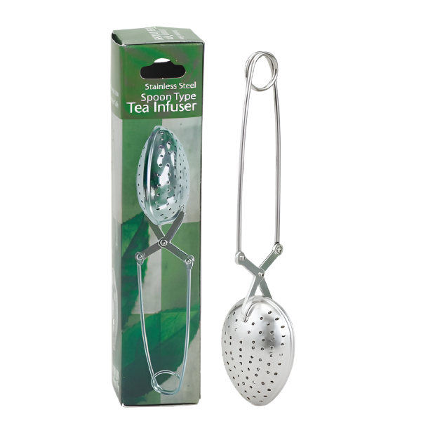 Stainless steel snap spoon tea infuser with green box on white background. The Spice & Tea Shoppe