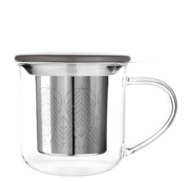Clear glass mug with metal infuser on a white background. The Spice & Tea Shoppe