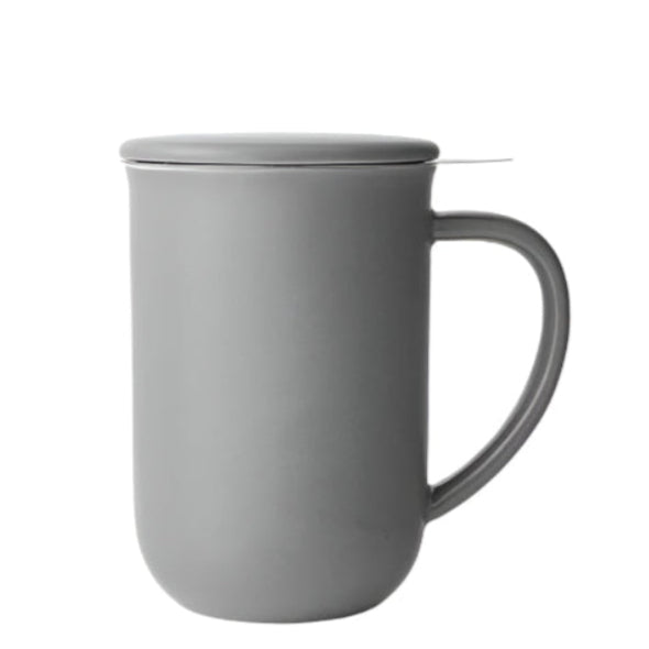Gray mug with a lid on a white background. The Spice & Tea Shoppe