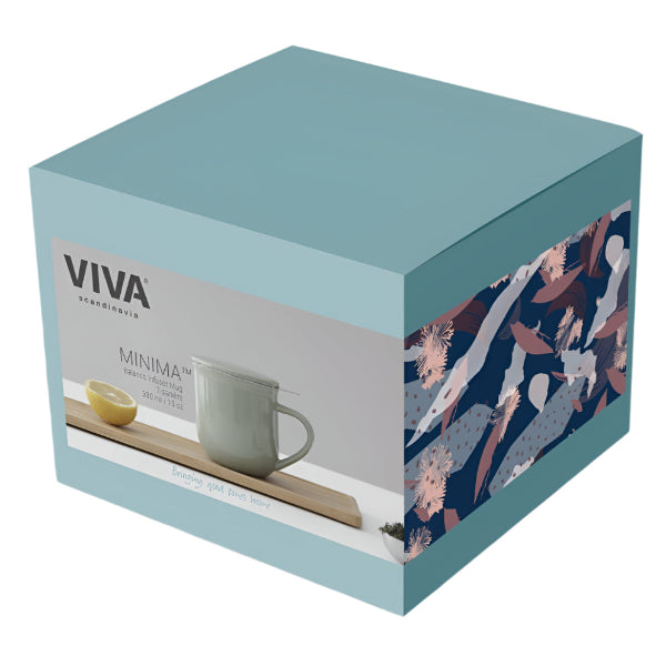 VIVA tea packaging box with a mug and tray on a light gray background