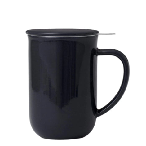 Black mug with handle, infuser and lid on a white background. The Spice & Tea Shoppe