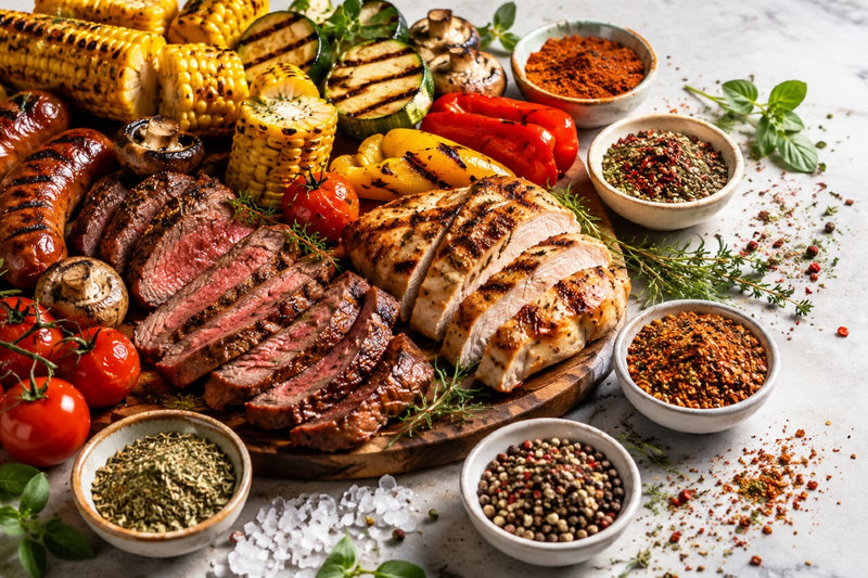 Plate of grilled vegetables and meats with bowls of seasonings on a light background. the spice and tea shoppeeak