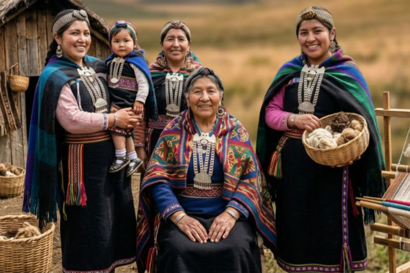 Native Mapuche women from Chile in their colorful traditional clothing