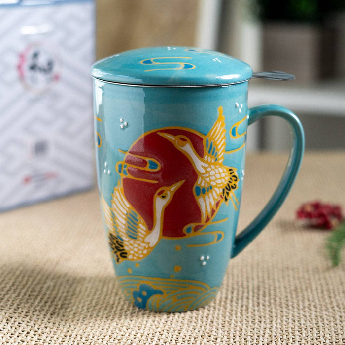 Teal Japanese Crane Mug with Infuser