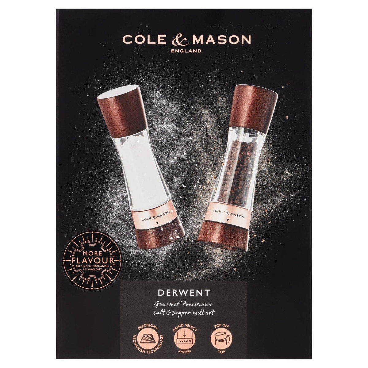 A pair of Cole & Mason Derwent salt and pepper mills featuring dark wood tops and bases with rose gold accents.