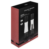A retail gift box for the Cole & Mason Derwent salt and pepper mill set in black.