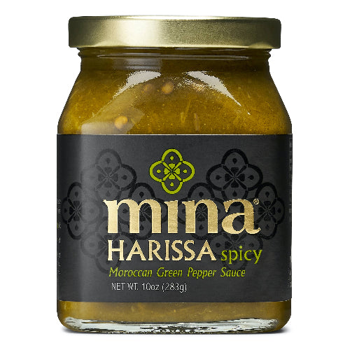 Jar of Mina Harissa Moroccan Green Pepper Sauce on a white background The Spice & Tea Shoppe
