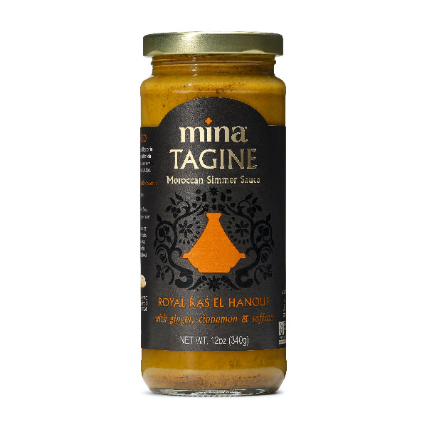 Jar of Mina Tagine Moroccan Simmer Sauce on a white background.  The Spice & Tea Shoppe