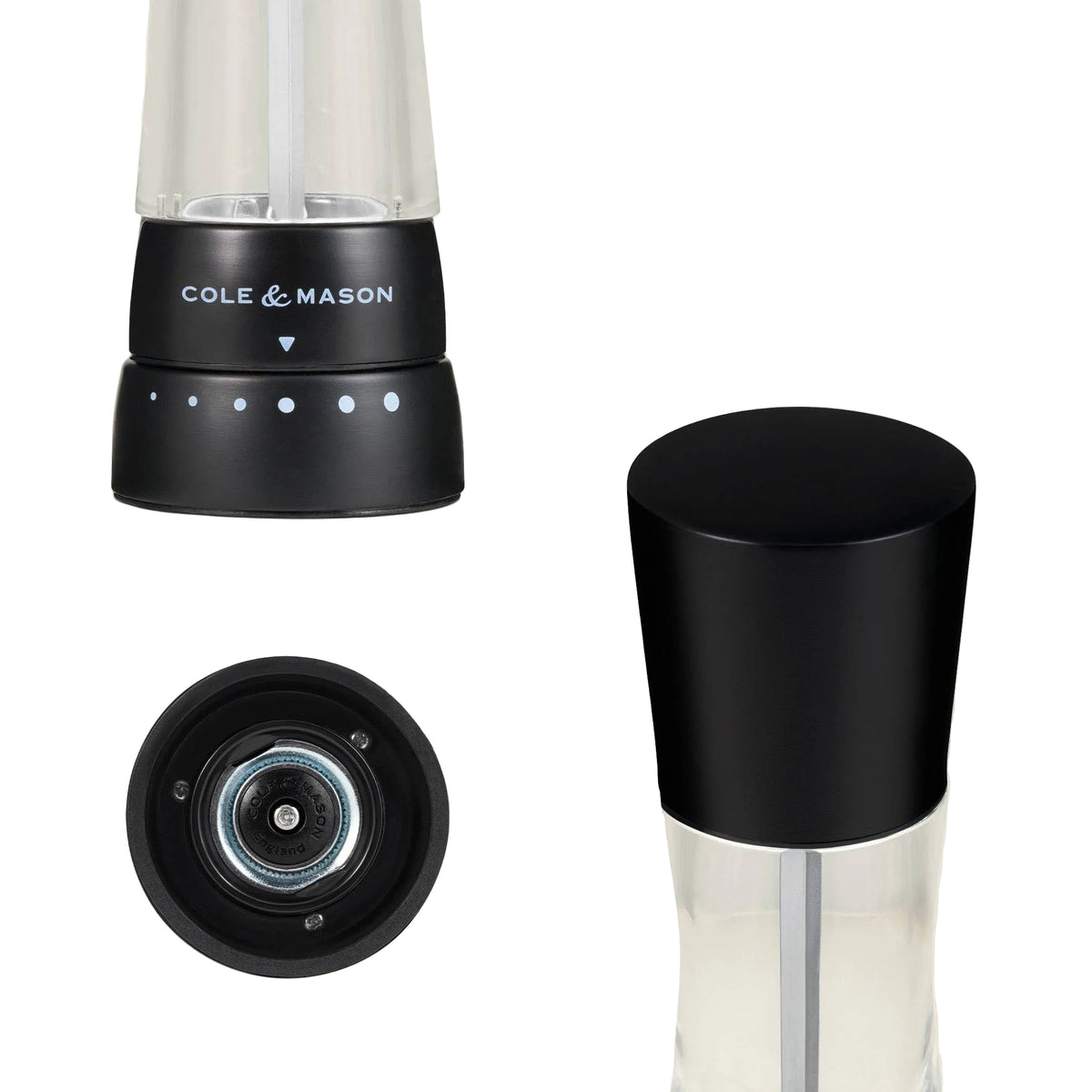 A product image showcasing a black Cole & Mason mill from three different angles, including the adjustable base, the top cap, and the underside mechanism.