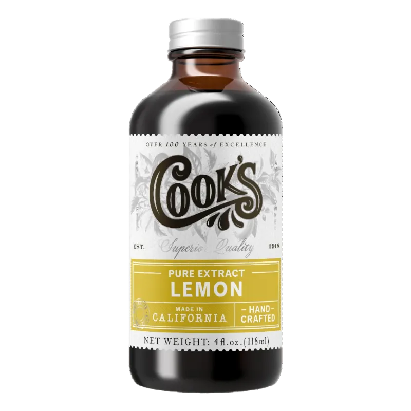 Bottle of Cook's lemon extract on a white background