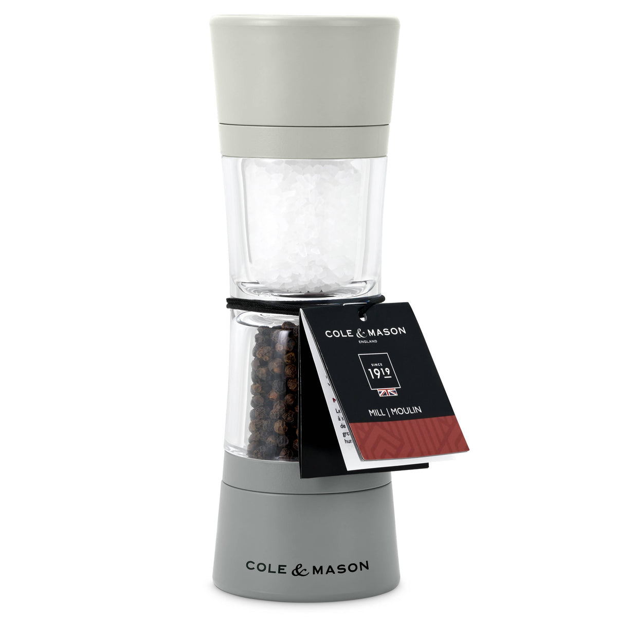 A Cole & Mason Lincoln Duo salt and pepper mill standing vertically on a white background