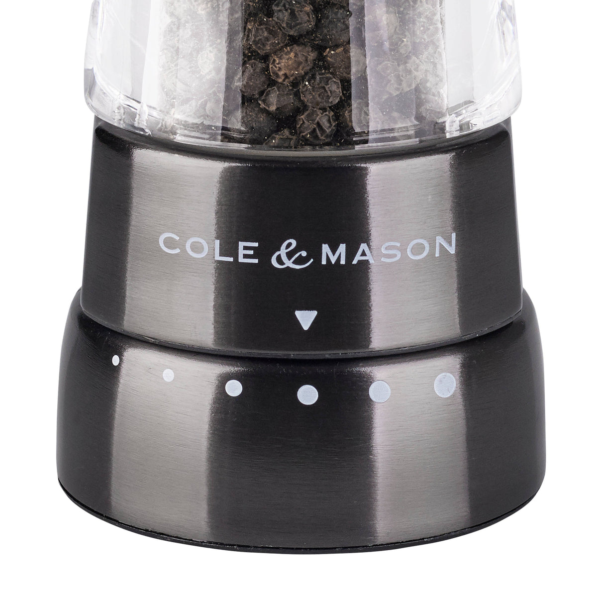 Close-up of the Cole & Mason Derwent mill base showing the adjustable grind settings.
