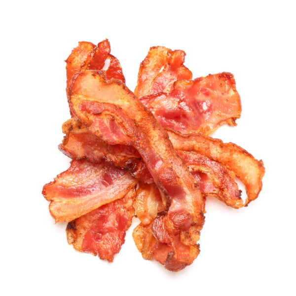 Bacon strips on a white background.  Bacon flavored extra virgin olive oil. The Spice & Tea Shoppe