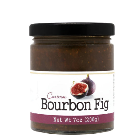 Jar of Bourbon Fig preserve with a label on a white background. The Spice & Tea Shoppe