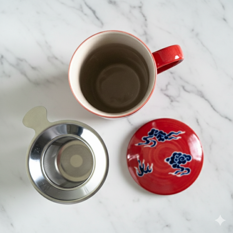 Red tea mug with lid and infuser with blue dragon design on a white surface. the spice and tea shoppe