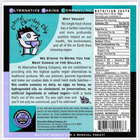Back of a cookie package from Alternative Baking Company with branding and nutritional information.