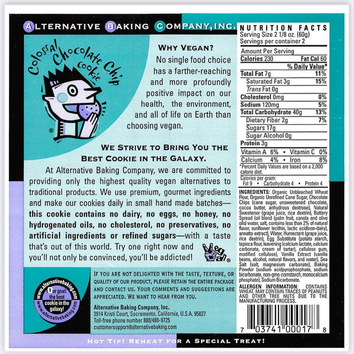 Back of a cookie package from Alternative Baking Company with branding and nutritional information.