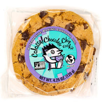 Packaged cookie with a colorful label on a white background