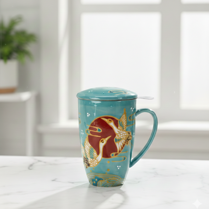 A 15 oz teal Japanese crane mug with a porcelain lid and a stainless steel infuser the spice and tea shoppe