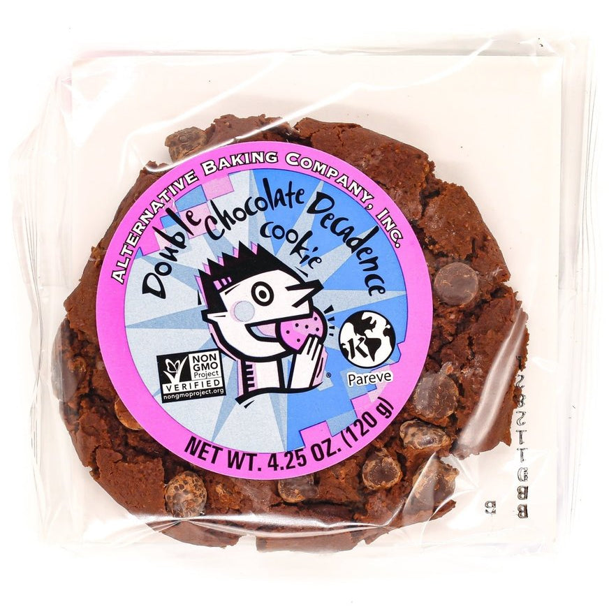 Packaged chocolate cookie with a colorful label on a white background
