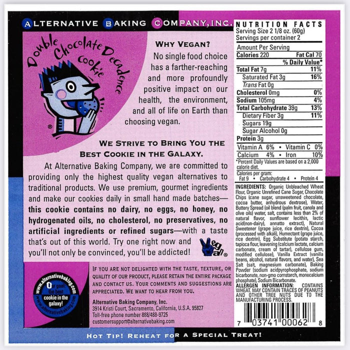 Back of a Double Chocolate Decadence cookie package with branding and nutritional information.