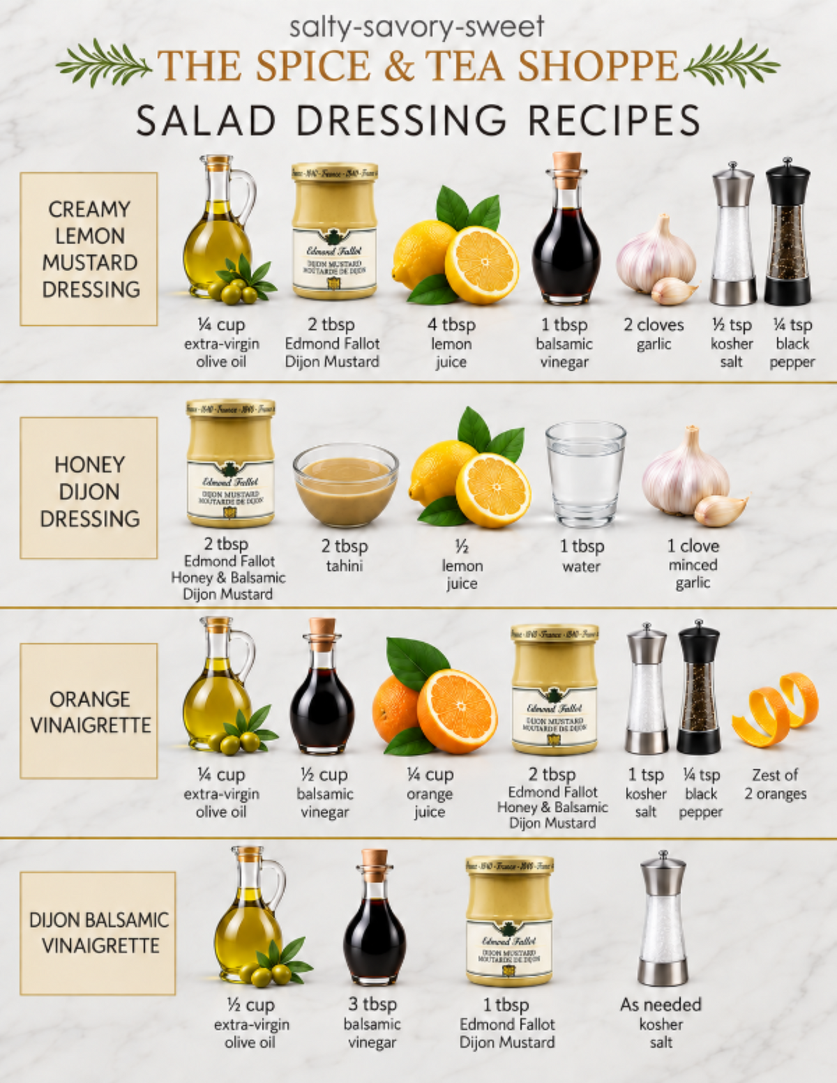 Salad dressing recipe infographic from The Spice & Tea Shoppe featuring Creamy Lemon Mustard, Honey Dijon, Orange Vinaigrette and Dijon Balsamic Vinaigrette with illustrated ingredients and measurements.