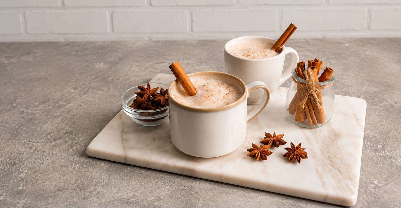 Two white ceramic mugs filled with a frothy hot beverage, each topped with a cinnamon stick, arranged on a white marble serving board with star anise and a small glass jar of cinnamon sticks on a gray stone surface against a white brick wall.