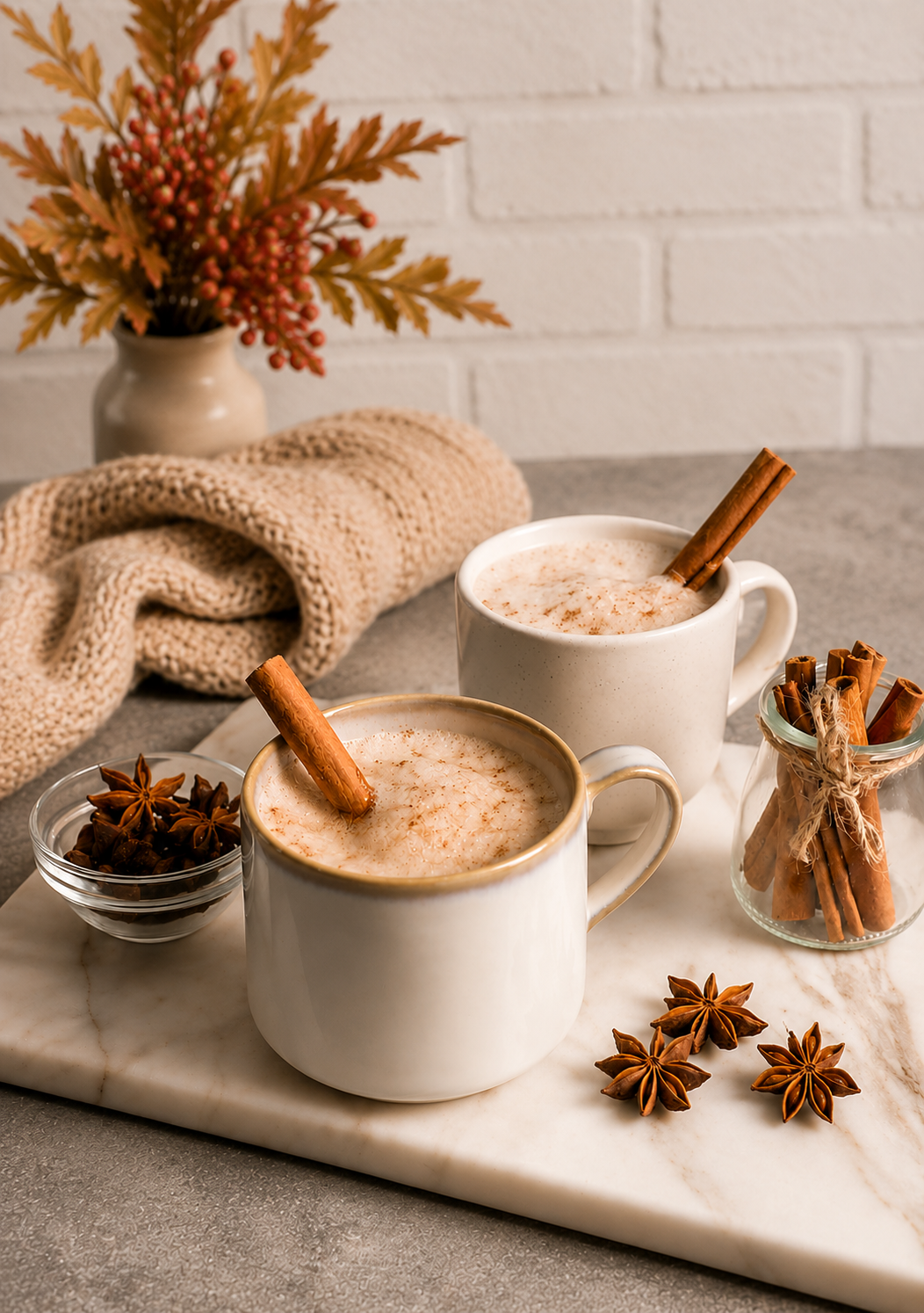 Two cozy spiced lattes with cinnamon and star anise in a warm fall setting.