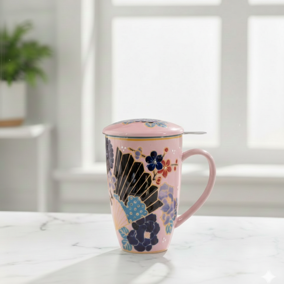 Decorative mug with floral pattern on a white surface