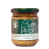 Jar of truffle pesto with a green label on a white background. The Spice & Tea Shoppe
