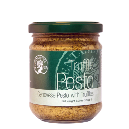 Jar of truffle pesto with a green label on a white background. The Spice & Tea Shoppe