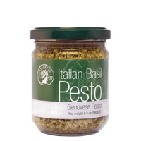Jar of Italian Basil Pesto with green label on a white background. The Spice & Tea Shoppe