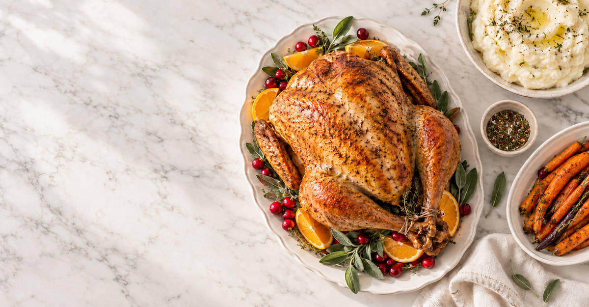 Herb-roasted Thanksgiving turkey with garlic and onions, served with stuffing, gravy, and cranberry sauce on light marble.