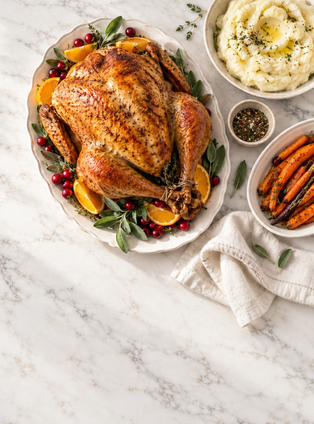 Herb-roasted Thanksgiving turkey with garlic and onions, served with stuffing, gravy, and cranberry sauce on light marble.