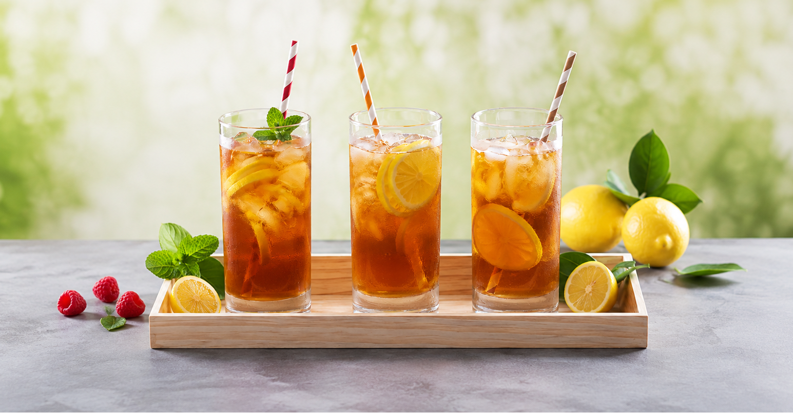 Three tall glasses of iced tea with lemon slices, orange wedges, mint leaves, and striped straws sit on a wooden tray on a gray tabletop, with lemons, raspberries, and mint leaves arranged around it against a soft green bokeh background.