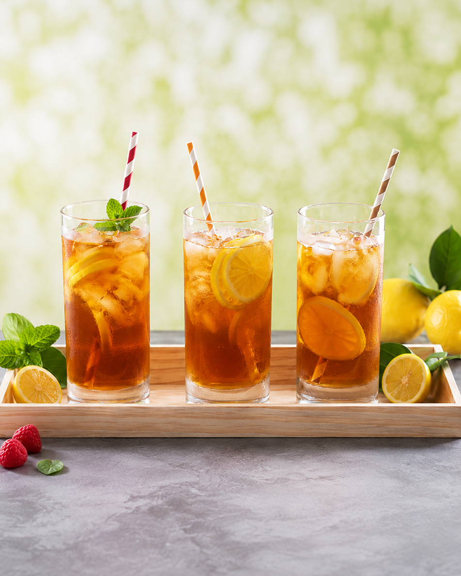 Three tall glasses of iced tea with lemon slices and mint garnish, arranged on a wooden tray with lemons, raspberries, and mint leaves against a soft green bokeh background.