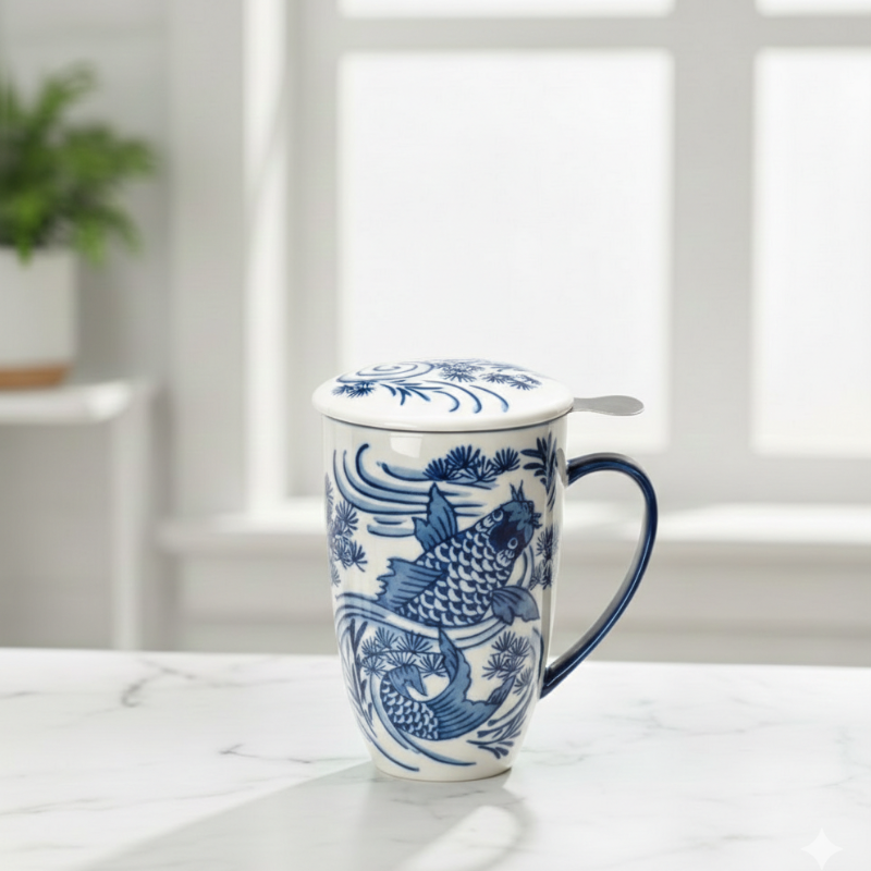 Blue and white ceramic mug with dragon design on a marble surface
