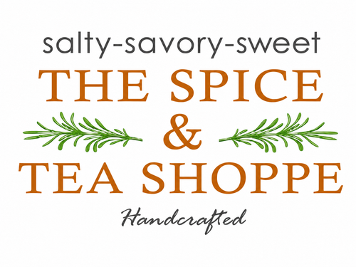 A logo-style graphic reading 'salty-savory-sweet THE SPICE & TEA SHOPPE Handcrafted' with orange serif text, dark gray script text, and green botanical sprig illustrations on a white background.