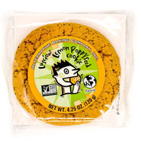 Lemon poppyseed cookie in packaging with a visible brand logo on a white background