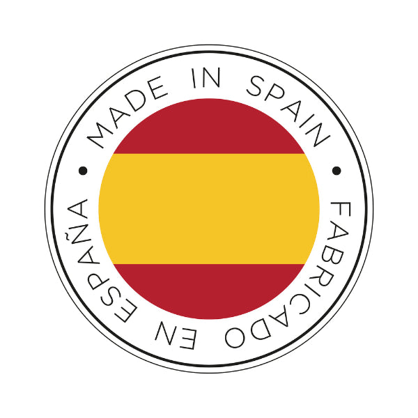 Circular badge with Spanish flag design and 'Made in Spain' text on a white background
