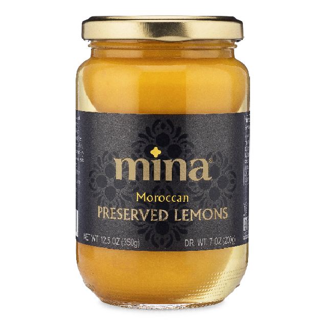 Jar of Mina Moroccan Preserved Lemons on a white background. The Spice & Tea Shoppe
