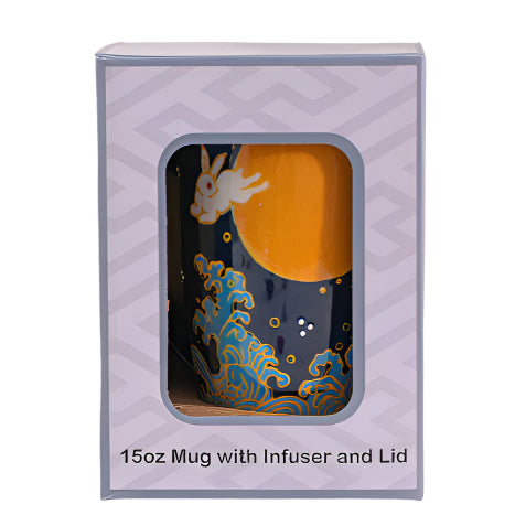 15oz mug with infuser and lid packaging on a marble surface. The Spice & Tea Shoppe