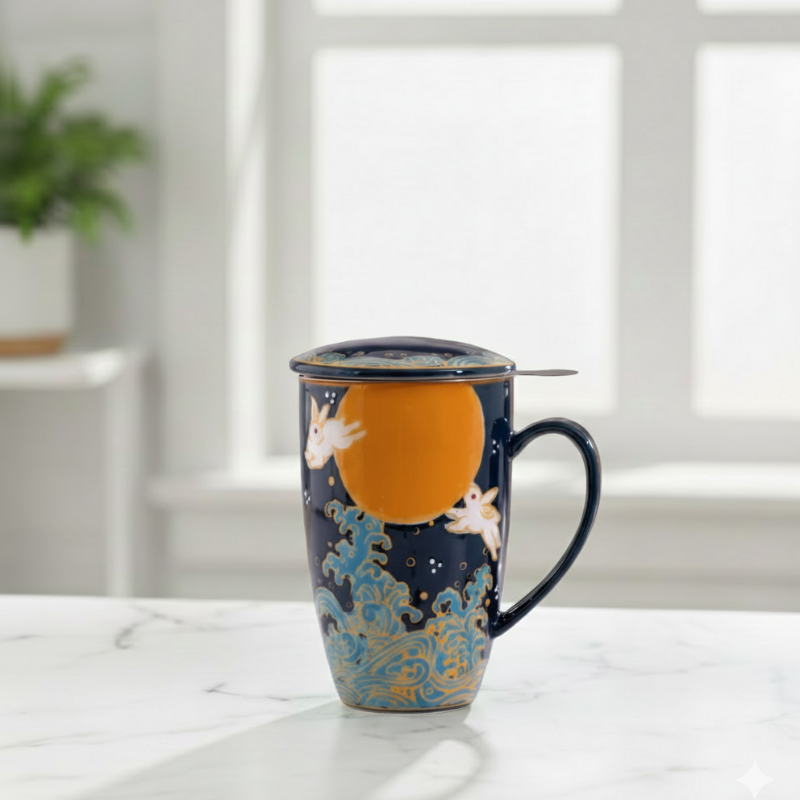 A blue and navy porcelain tea mug with a white and gold "Moon Rabbit" design, complete with a stainless steel infuser and matching blue lid, displayed on a marble surface. the spice and tea shoppe