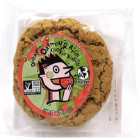 Oatmeal raisin cookie with a colorful label on a white background