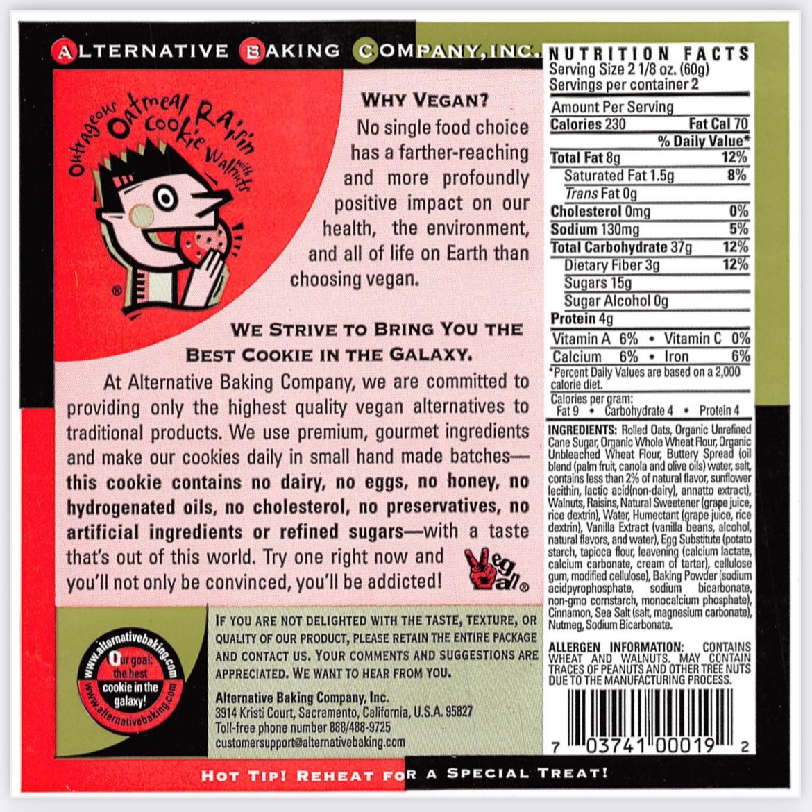 Back of a cookie package with branding and nutritional information.