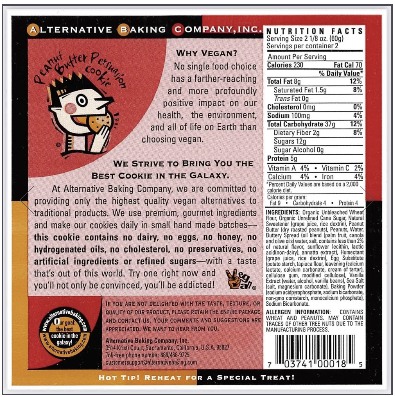 Back of a cookie package from Alternative Baking Company with nutritional facts and ingredients listed.