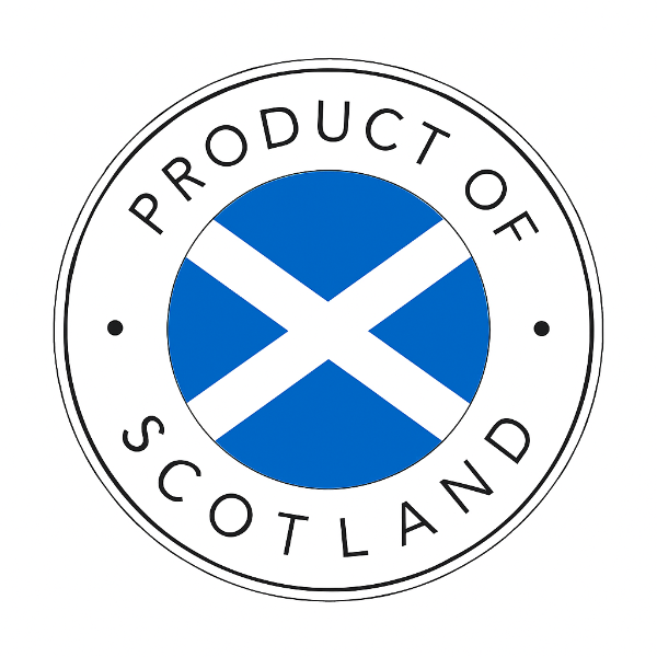 Circular emblem with Scottish flag and 'Product of Scotland' text on a white background